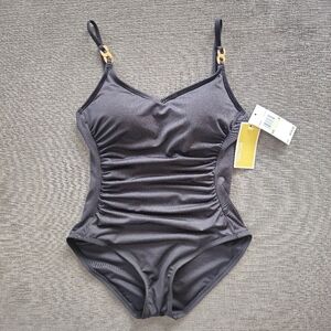 Michael Kors Black w Gold Chain Link Over the Shoulder One Piece Swimsuit Size 8